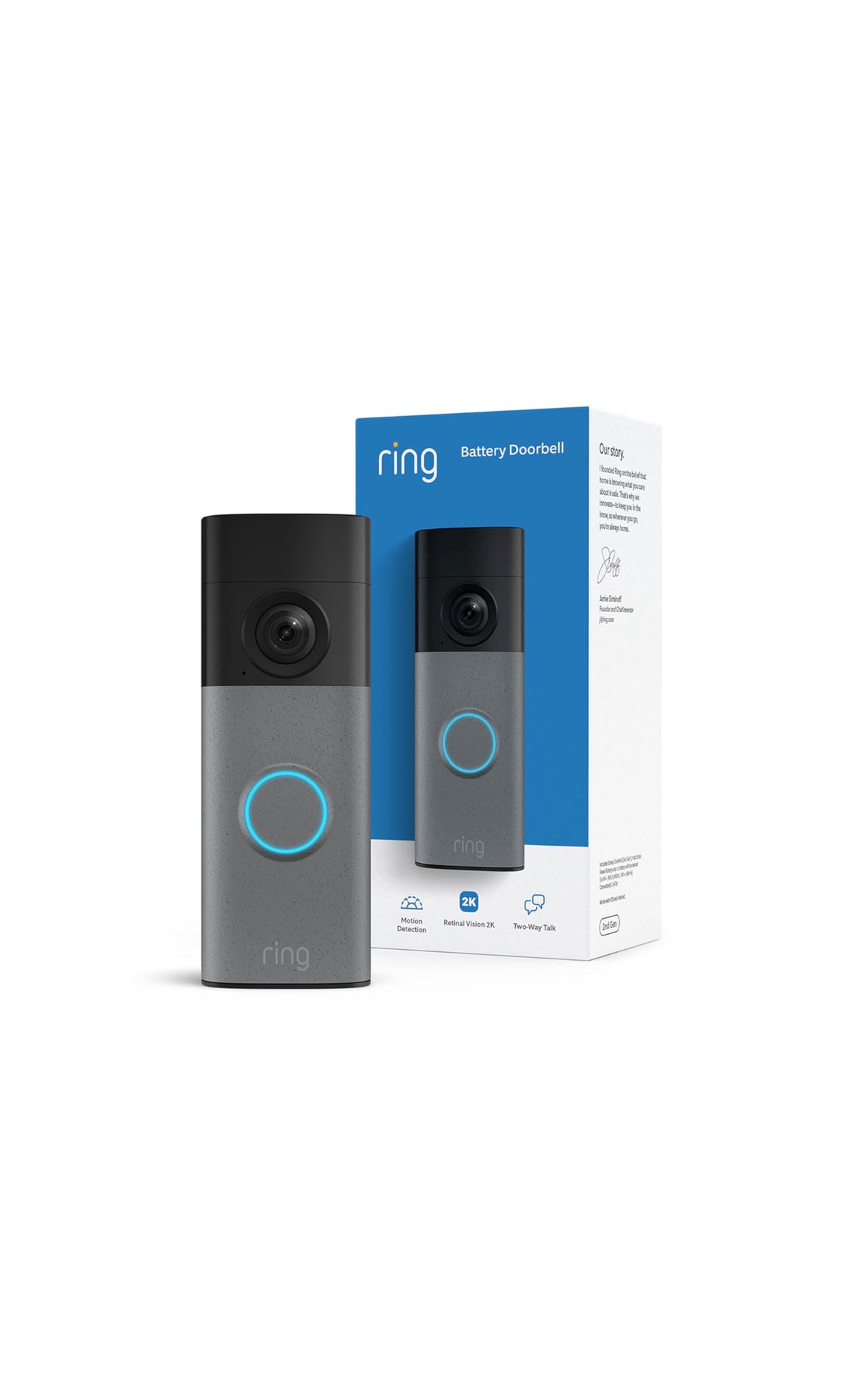Ring Battery Doorbell with retinal 2K wide-angle video for crisp doorstep views.