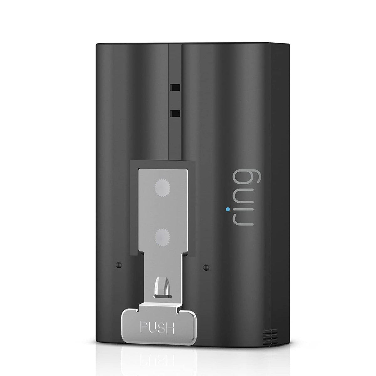 Ring rechargeable battery pack front view showing compact design and easy replacement benefit