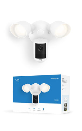 Ring Floodlight Cam wide-angle view enhances home security at dusk.