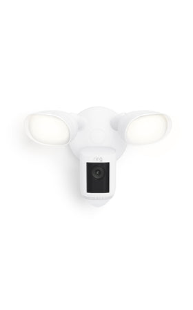 Ring Floodlight Cam Wired Pro front view with 2000-lumen floodlights for outdoor illumination.