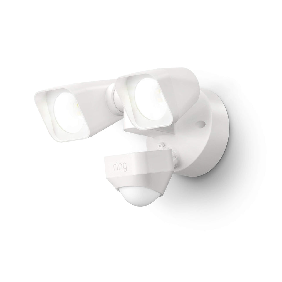Ring Floodlight Wired with bright LEDs illuminating driveways for security.