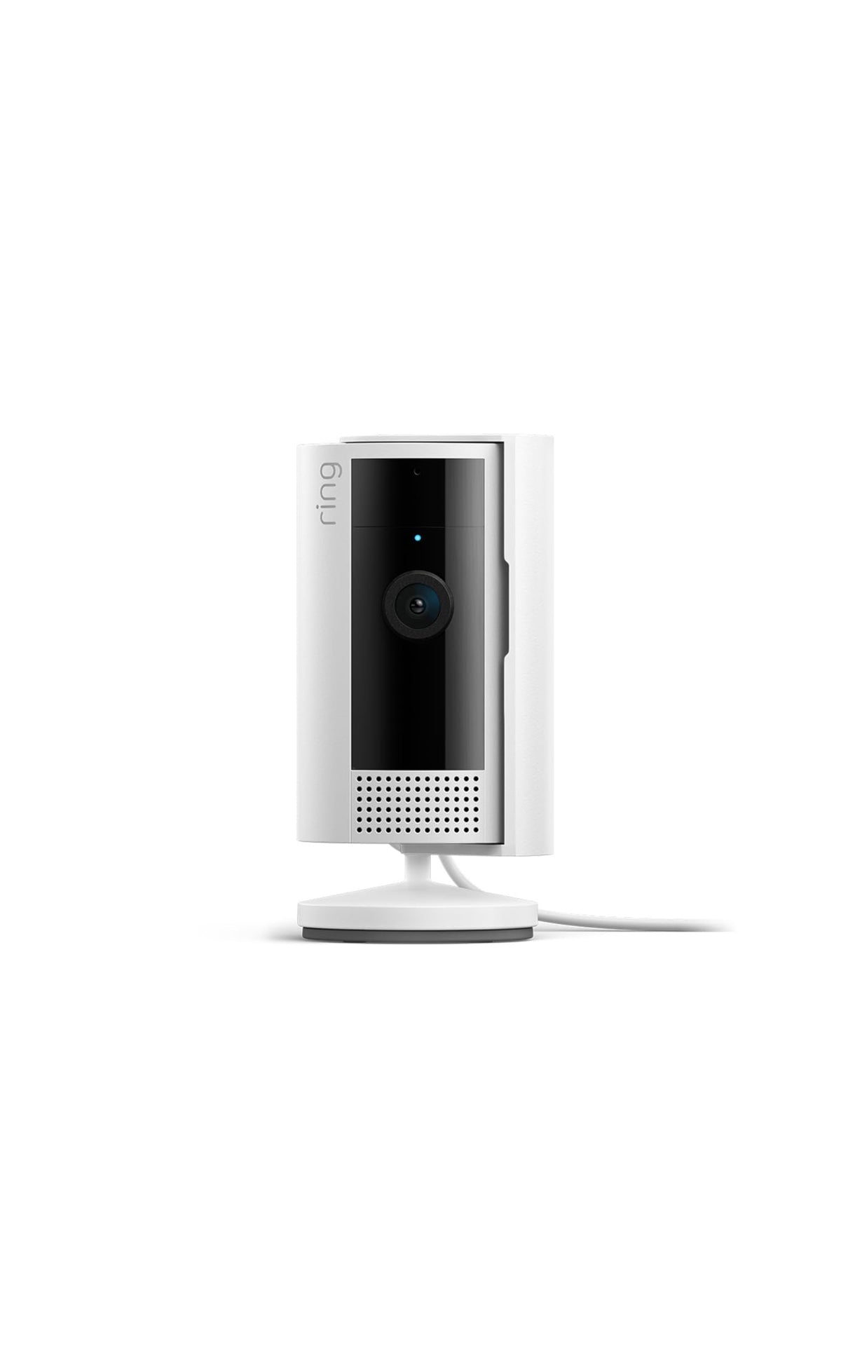 Ring Indoor Cam front view showing compact white housing and lens, benefits clear monitoring
