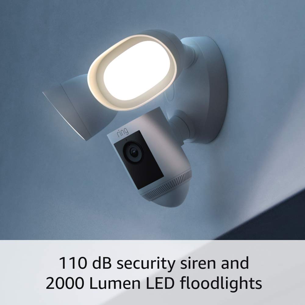 Ring Like-New Floodlight Cam Wired Pro LED floodlights illuminate outdoor areas