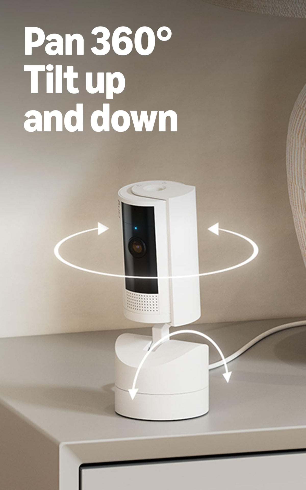 Ring Pan-Tilt Indoor Cam pan and tilt for flexible room angles.