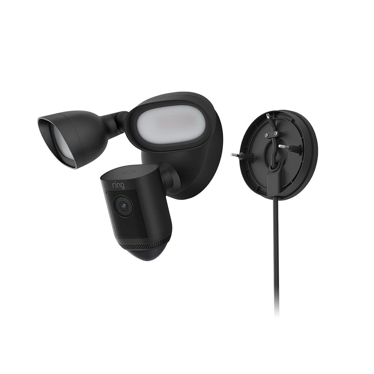 Ring plug-in mount for Floodlight Cam Wired Pro allows flexible outdoor installation with adjustable wiring.