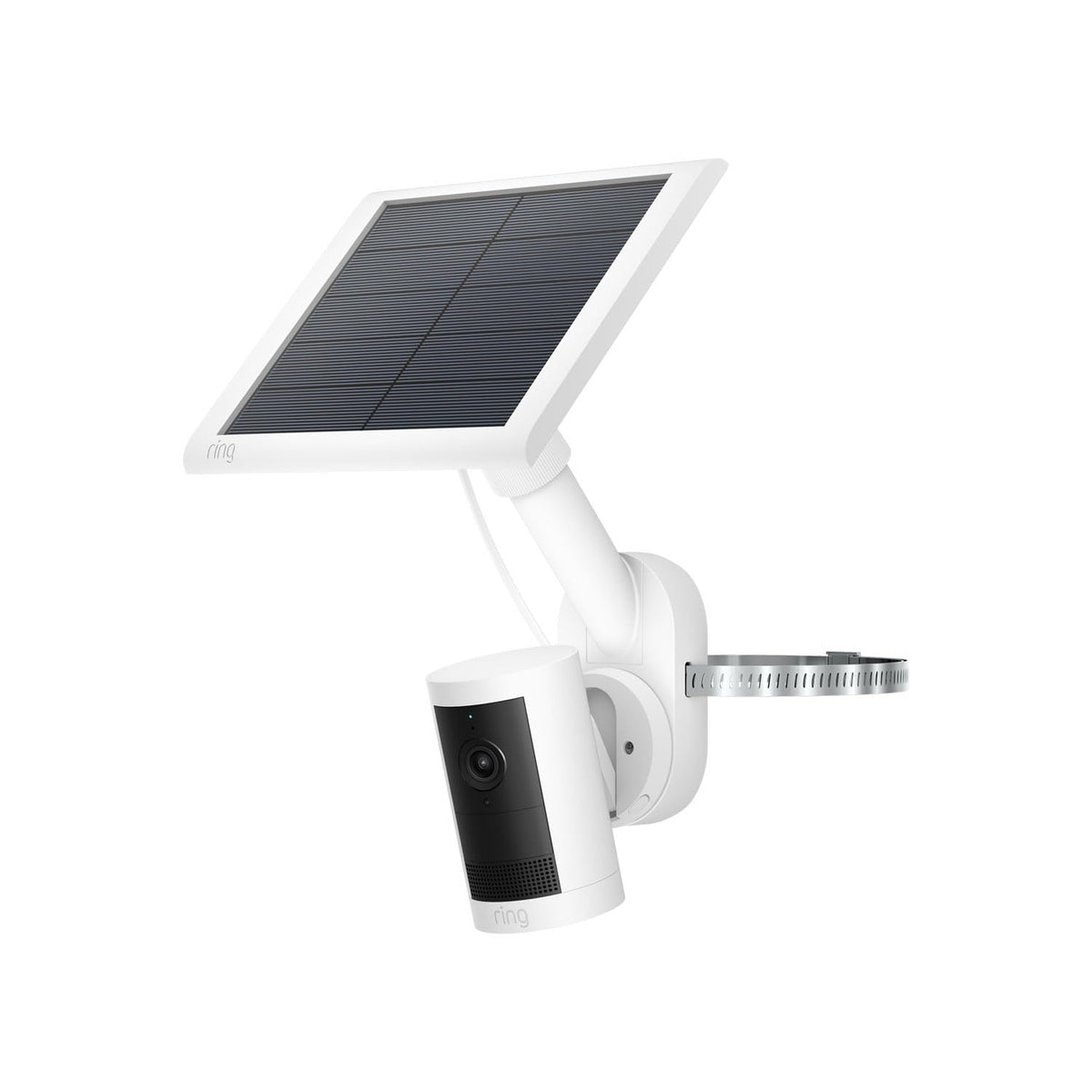 Ring mount front view showing compact white bracket and durable construction benefit