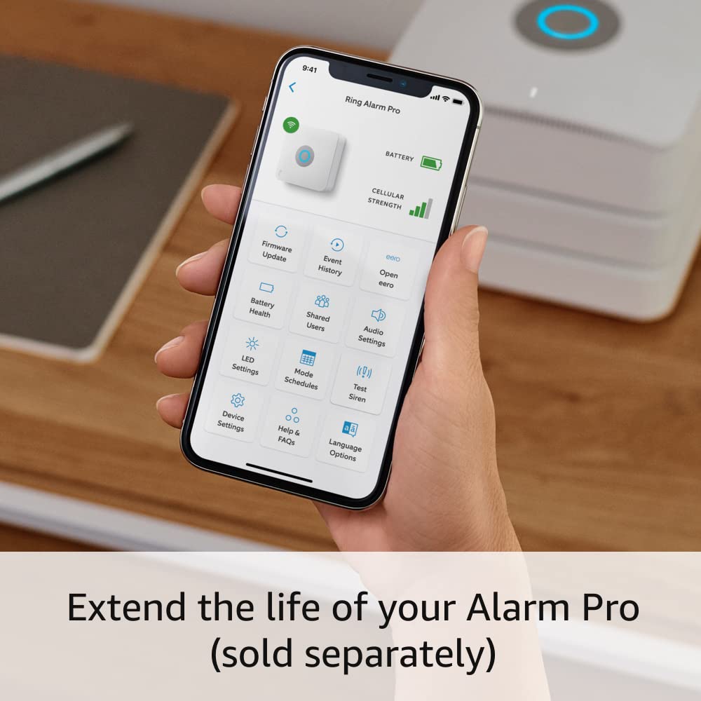 Ring Power Pack attached to Alarm Pro Base Station showing its compact stackable design