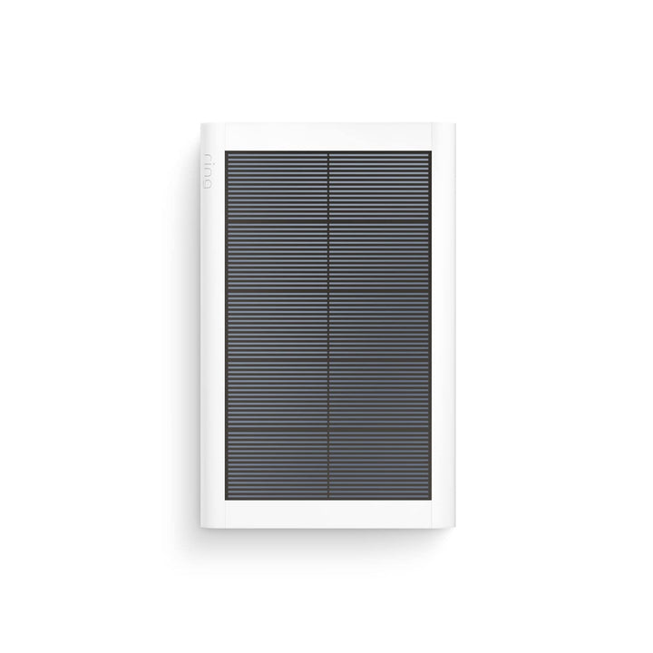 Ring small solar panel front view showing compact panel and benefit: low-profile outdoor charging