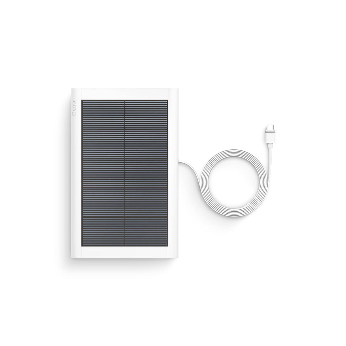 Ring small solar panel mounted on an exterior wall powering a Ring camera for continuous operation