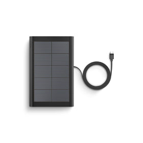 Ring small solar panel mounted on exterior wall beside Ring camera benefit: continuous outdoor camera support