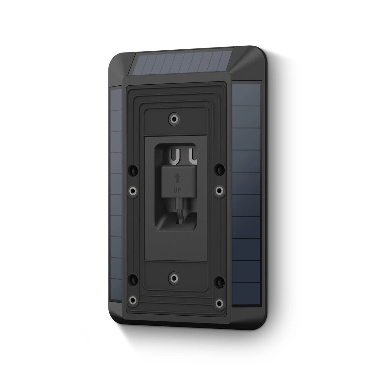 Ring solar charger mounted on house near doorbell demonstrating hands-free continual charging