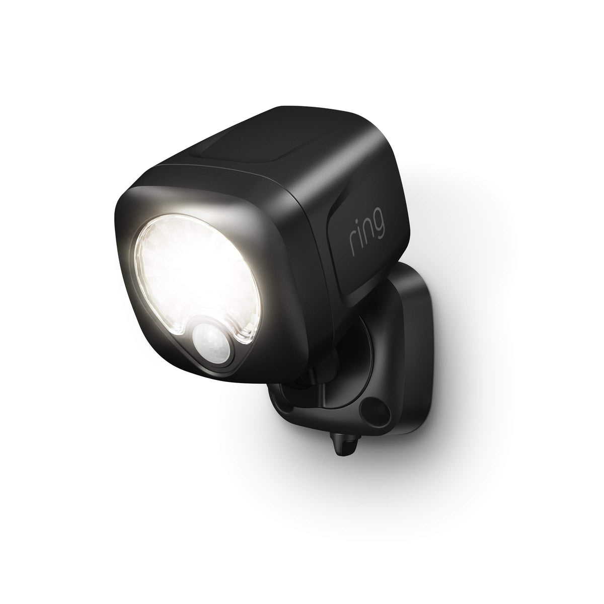 Ring spotlight battery front view showing compact black housing and mounting bracket for easy installation