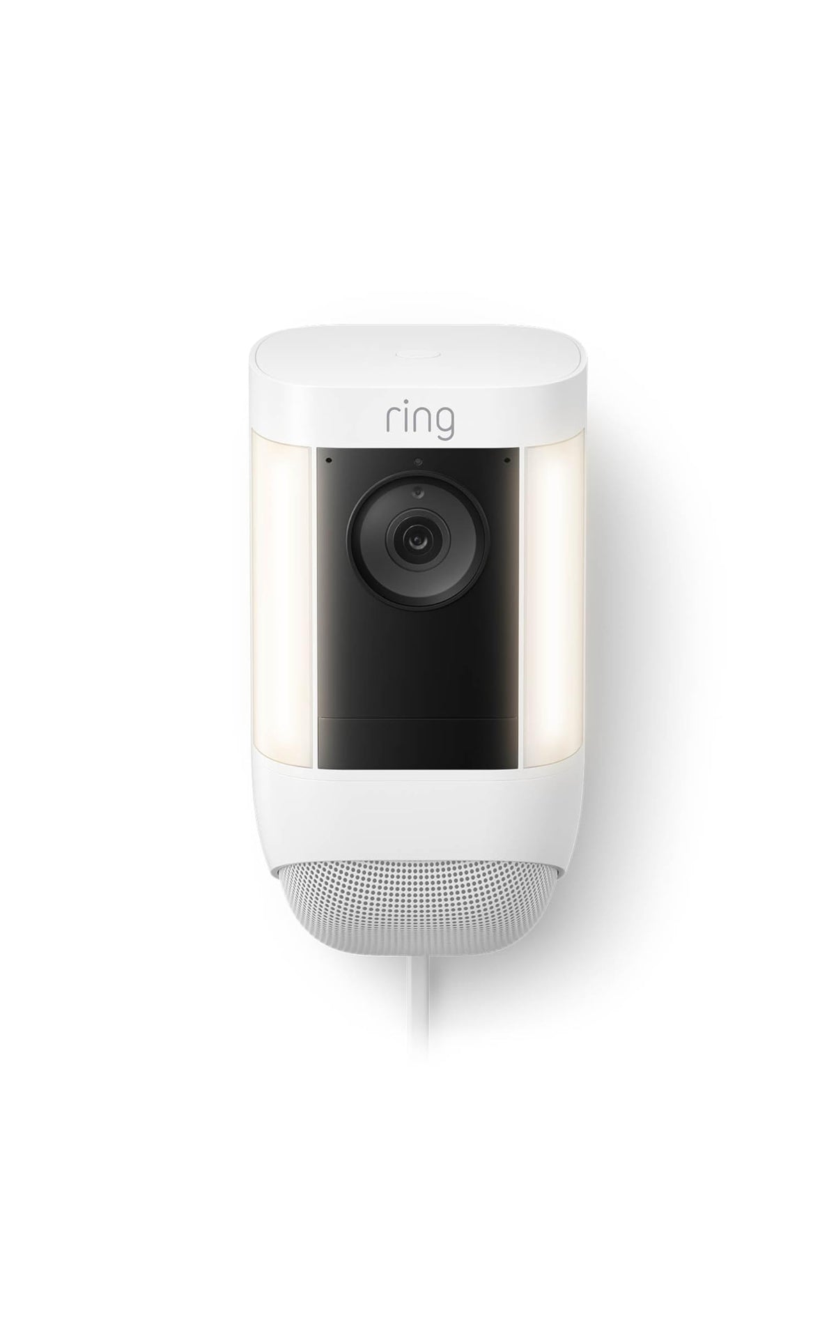 Ring Spotlight Cam Pro on exterior wall with motion-activated porch lighting.