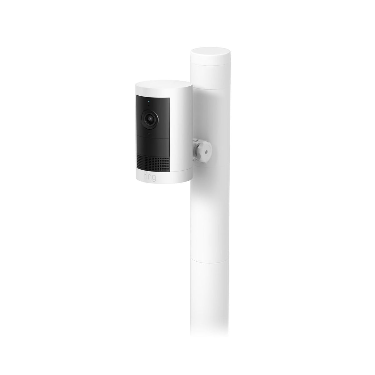 Ring stake mount with camera attached in backyard setting highlighting quick tool-free installation