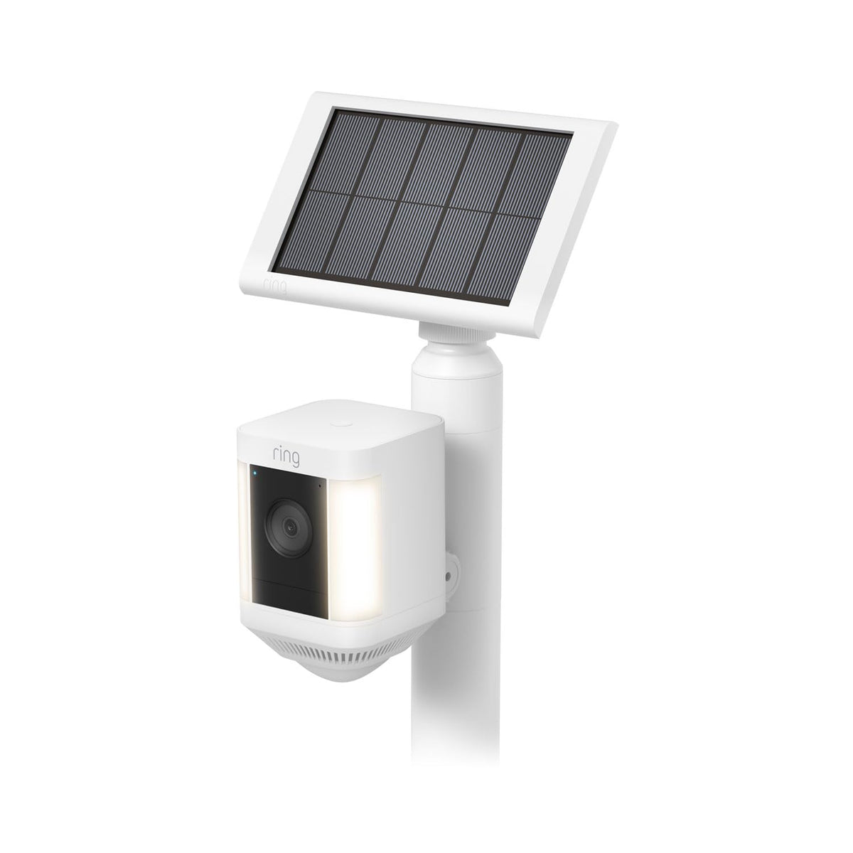 Ring stake mount front view showing secure white stake and dual attachment points, easy outdoor placement