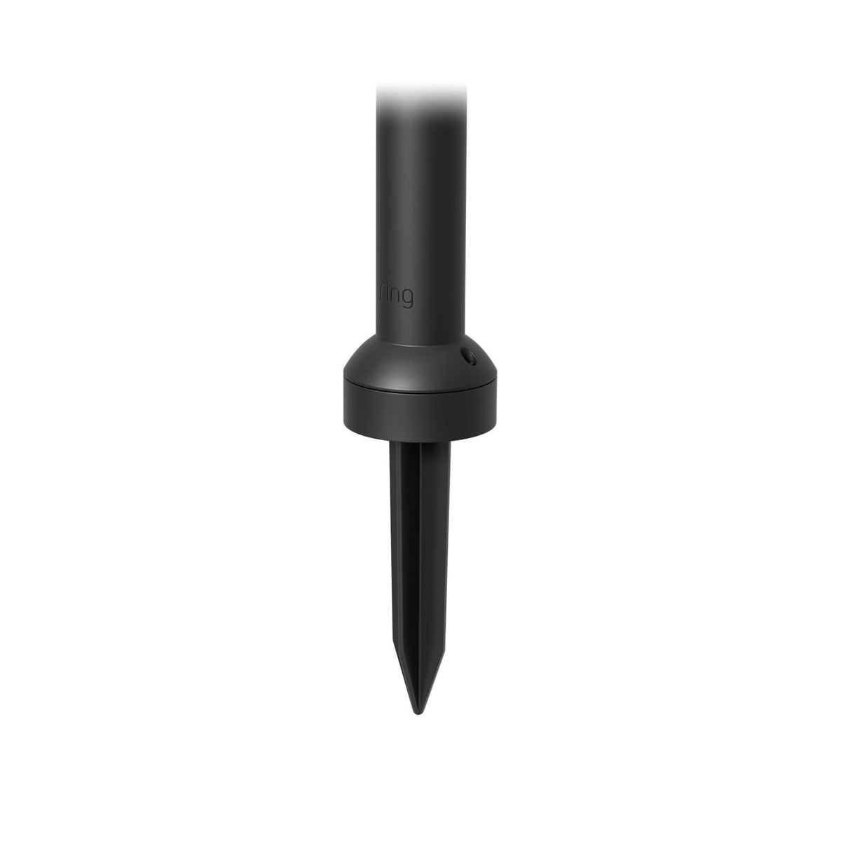 Ring stake mount with solar panel angled to capture sunlight for charging benefit