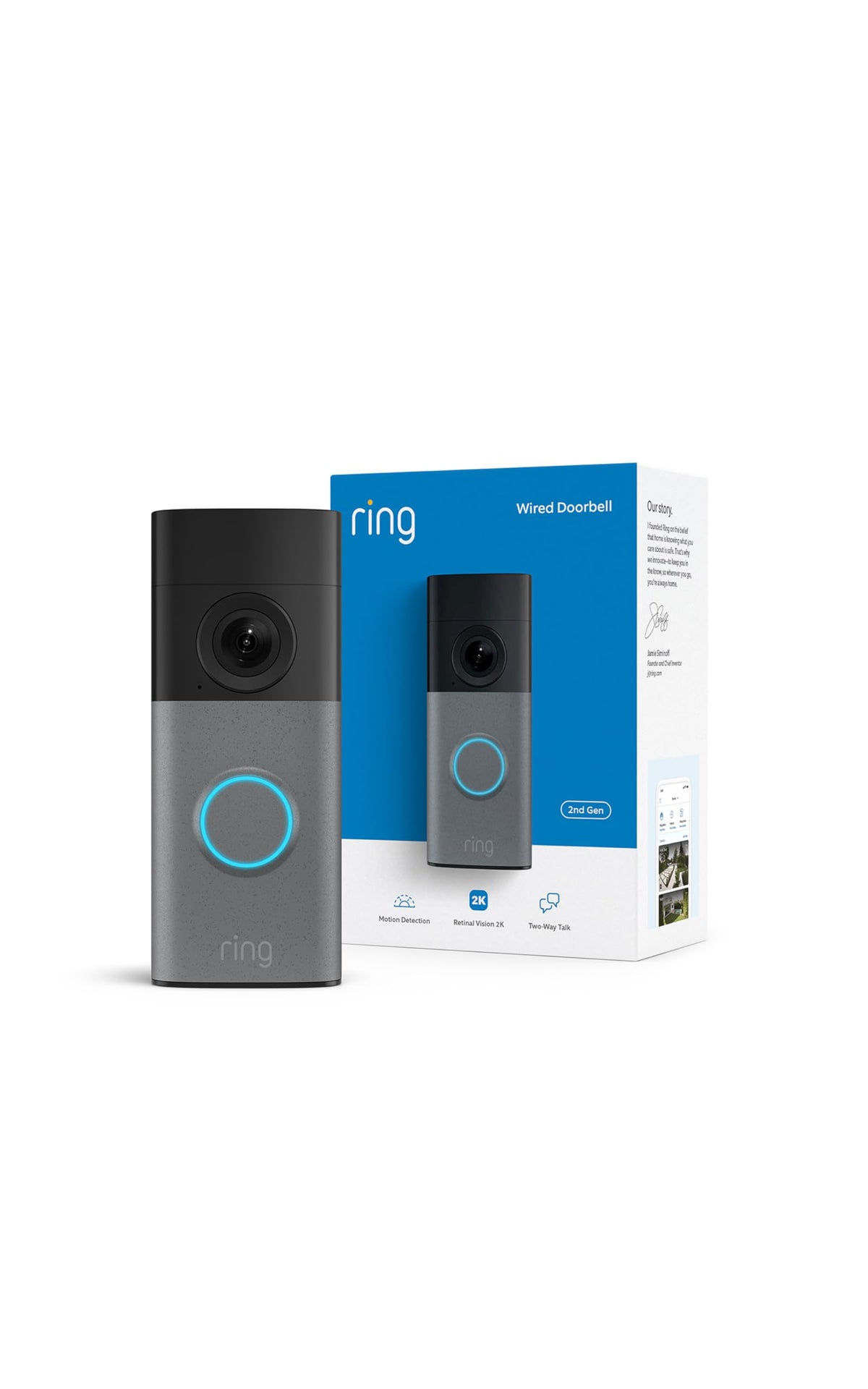 Ring Wired Doorbell retinal 2K wide-angle view for clear doorstep visibility.