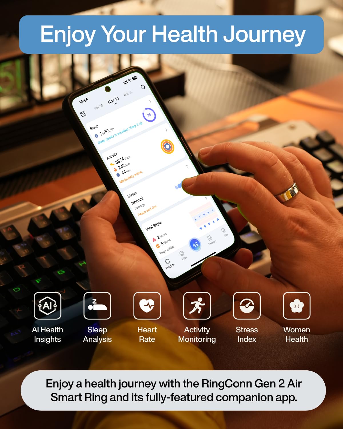 RingConn Gen 2 Air AI insights dashboard on a smartphone screen.