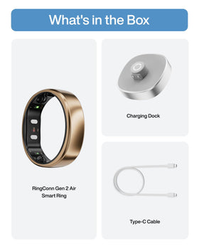 RingConn Gen 2 Air packaging contents include charger dock and USB-C cable.