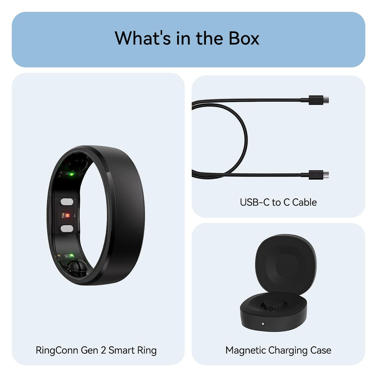 RingConn Gen 2 box includes ring, charging case, USB-C cable, and warranty