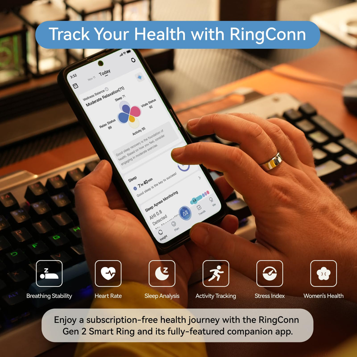 RingConn Gen 2 highlighting no subscription for ongoing features