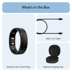 RingConn Gen 2 packaging includes ring, charging case, cable, and manual.