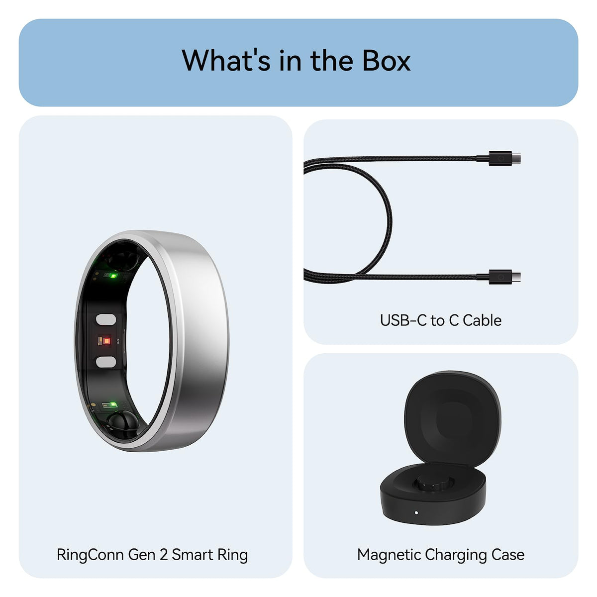 RingConn Gen 2 packaging includes ring, charging case, and warranty