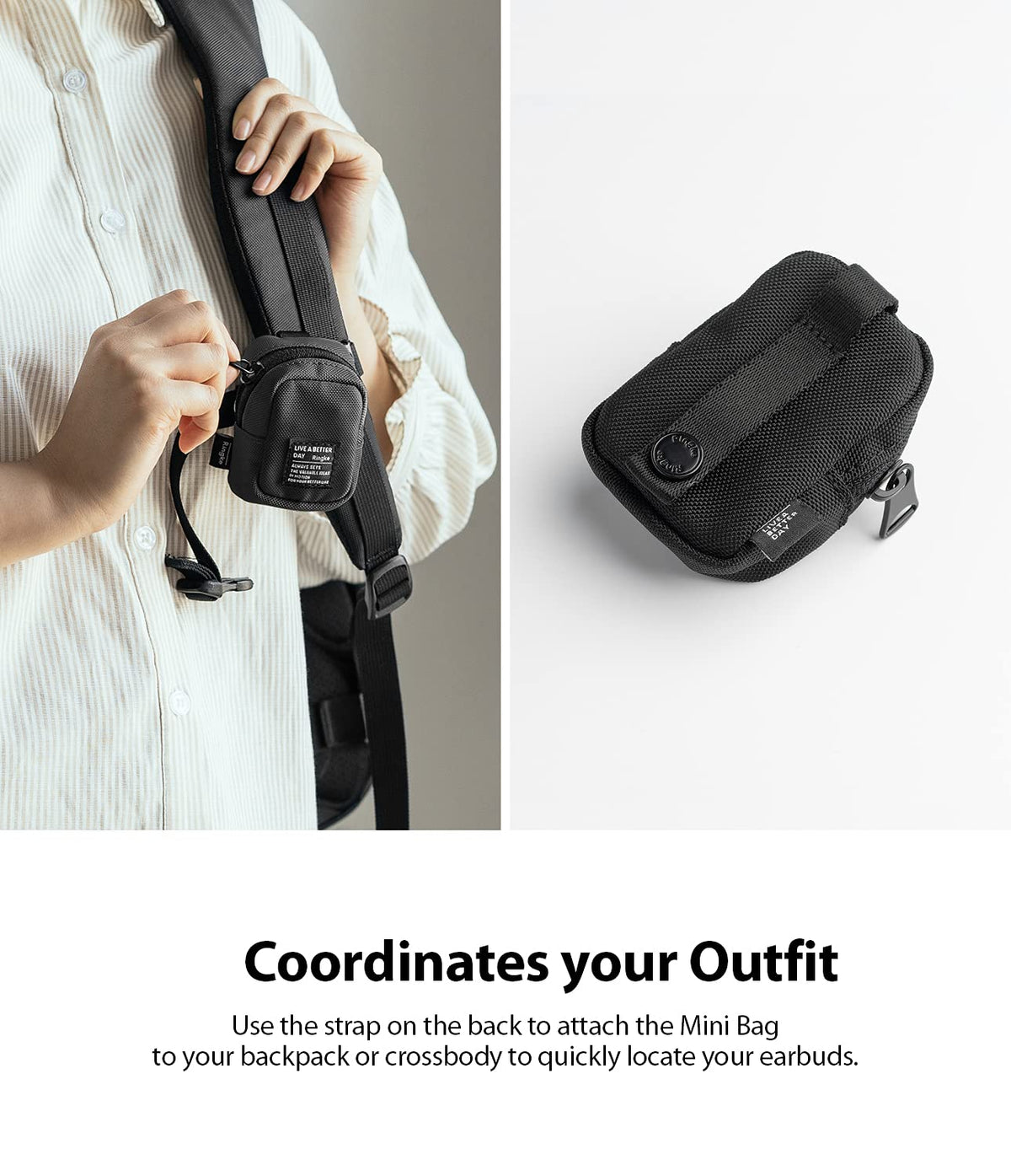 Ringke Mini Pouch Block attached to bag via carabiner