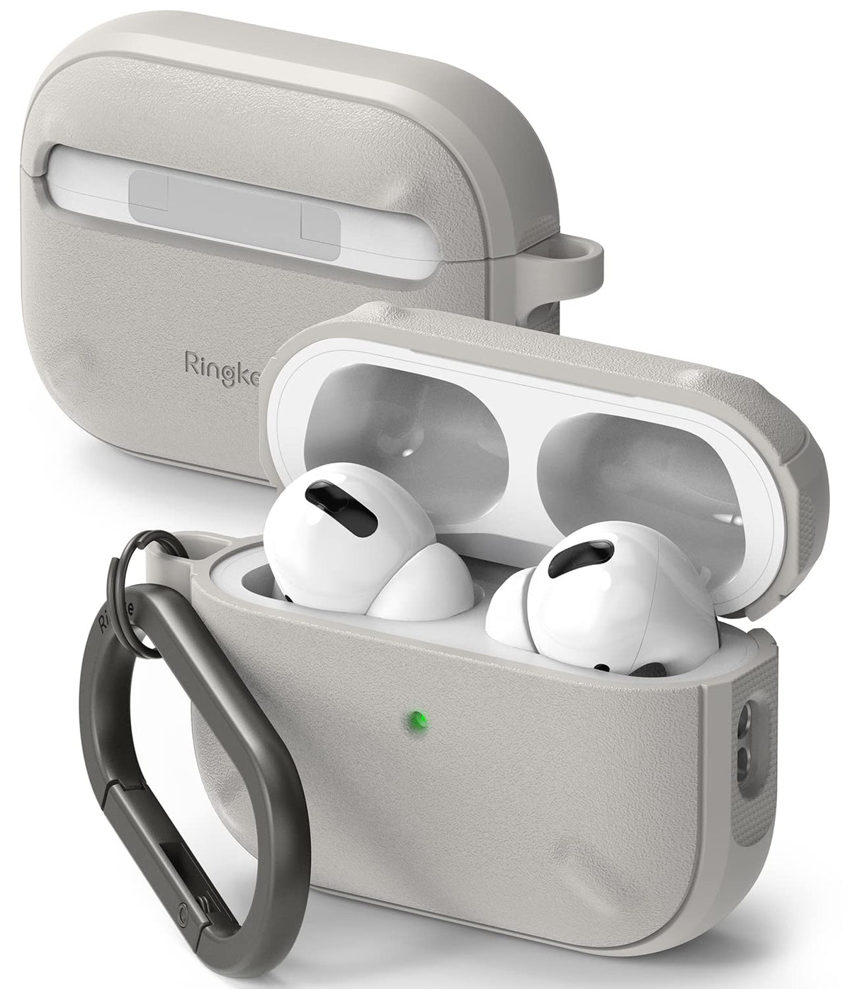Ringke Onyx AirPods Pro 2 case, front view, showcasing sleek warm-gray protection.