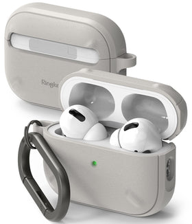 Ringke Onyx AirPods Pro 2 case, front view, showcasing sleek warm-gray protection.