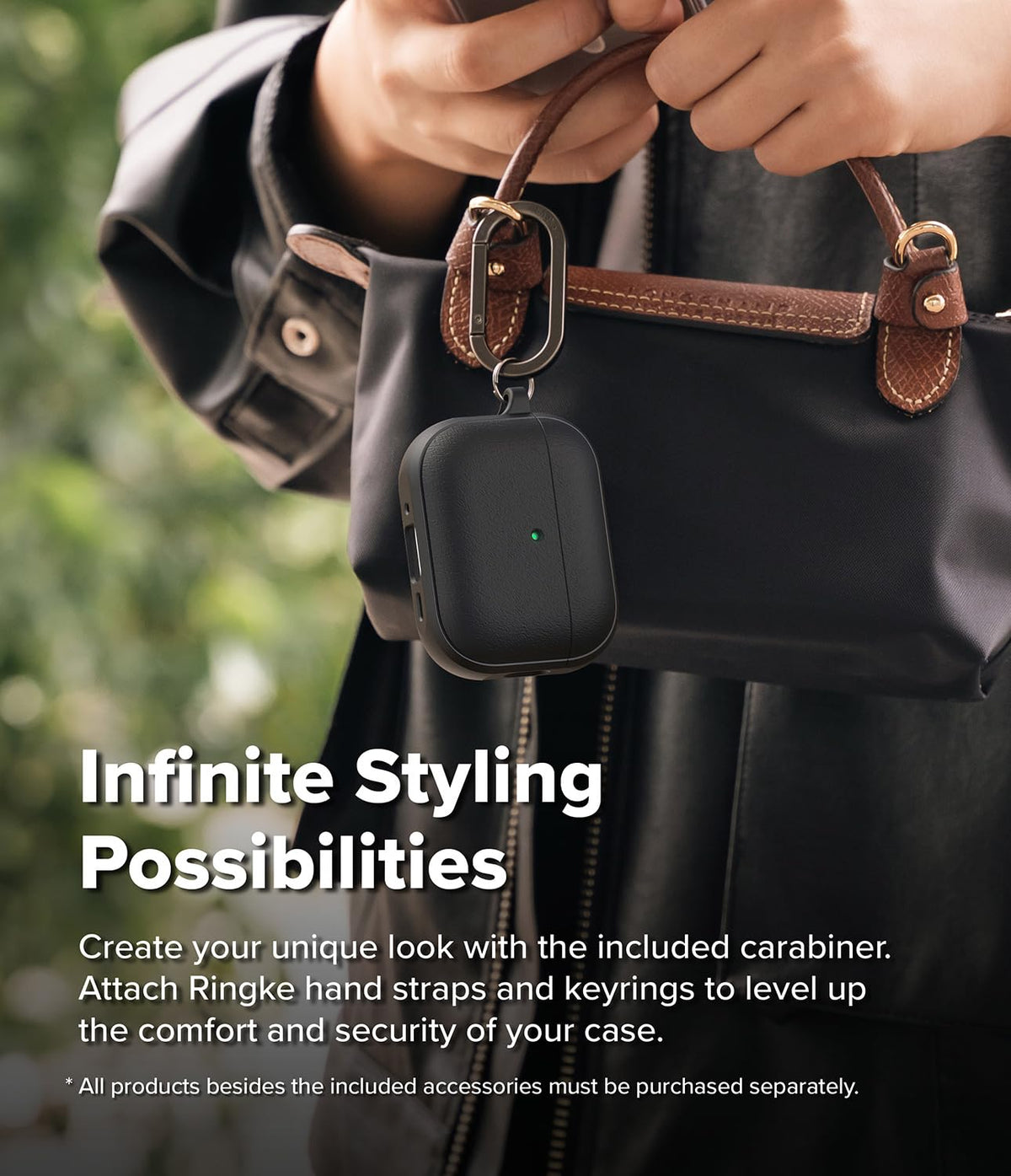 Ringke Onyx clipped to backpack strap with carabiner for hands-free carry