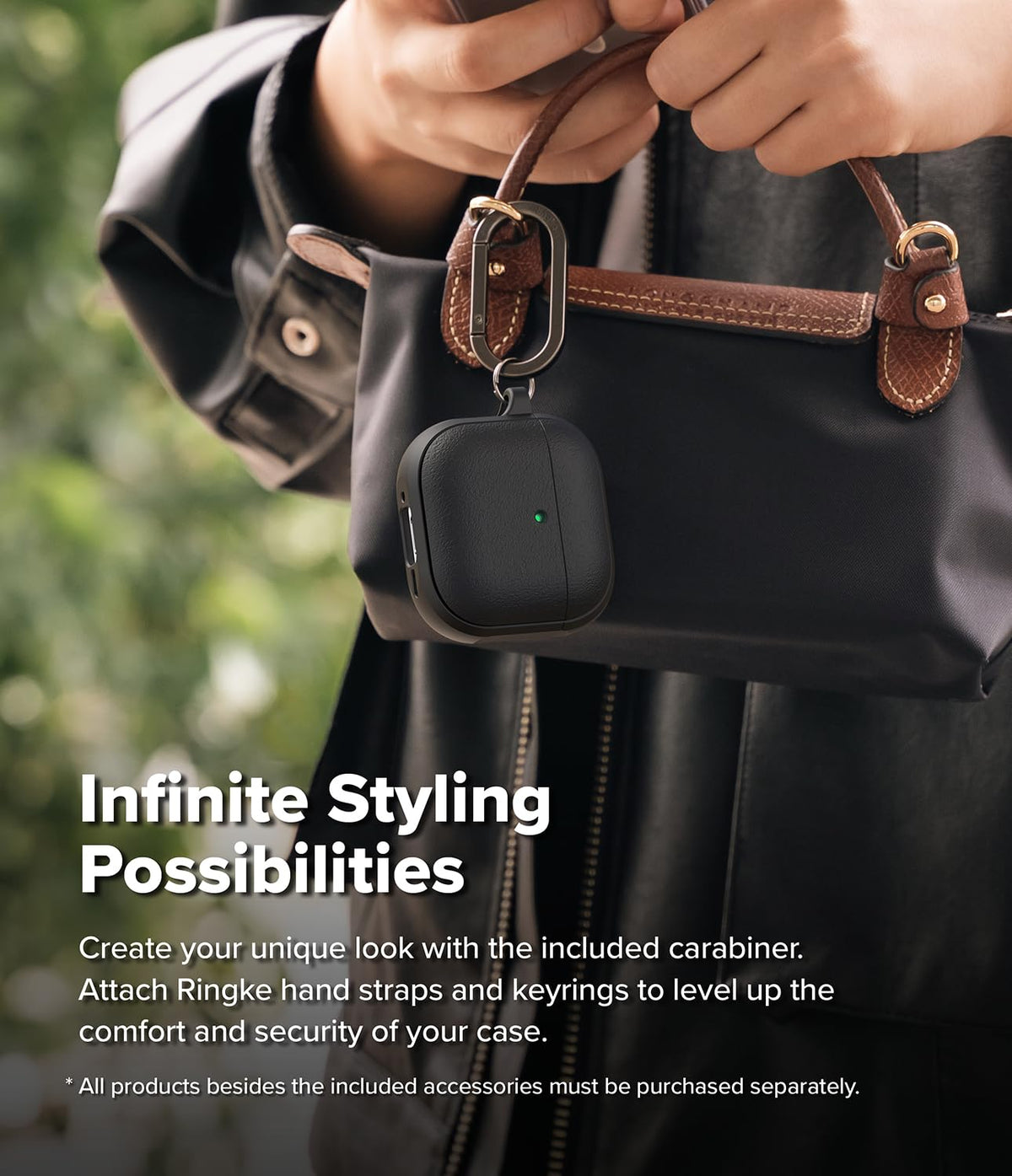 Ringke Onyx Magnetic AirPods 4 case carabiner for hands-free carry.