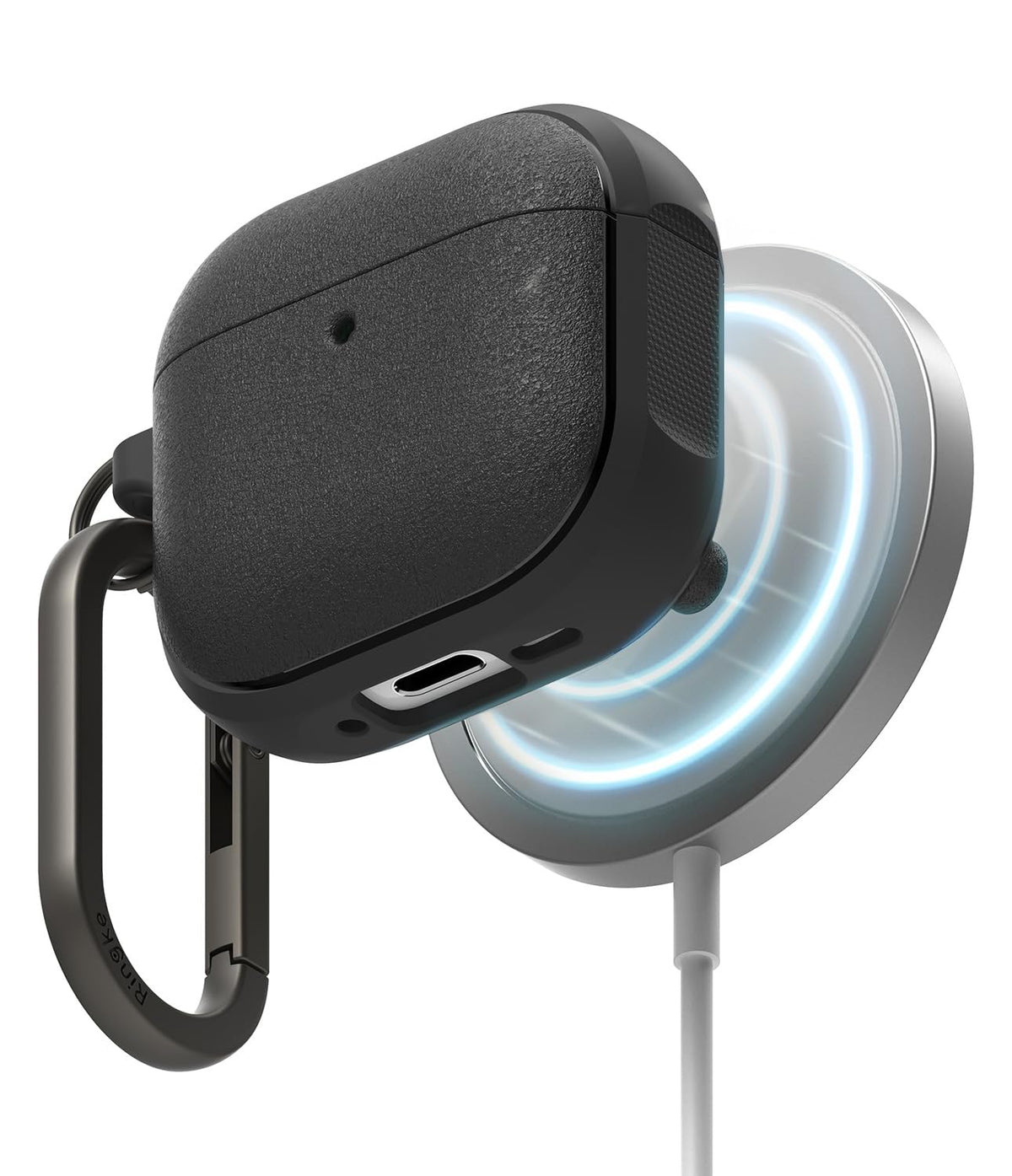Ringke Onyx Magnetic AirPods 4 case front view showing MagSafe compatibility and grip.