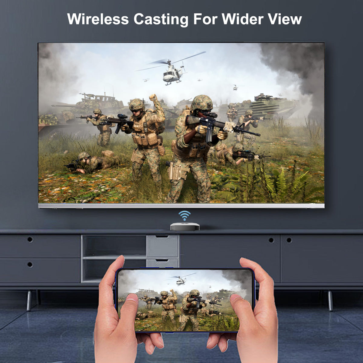 RINGREAT connected via HDMI cable to TV for crisp 4K@60Hz video output