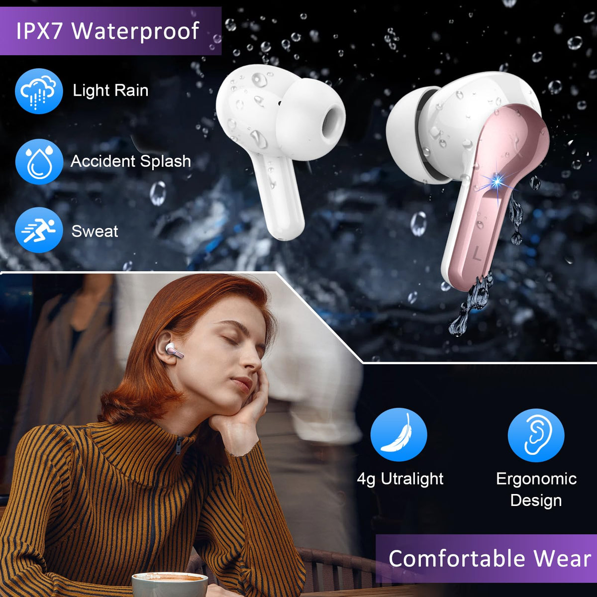 Rinsmola IP7 waterproof earbuds enduring sweat and rain during workouts