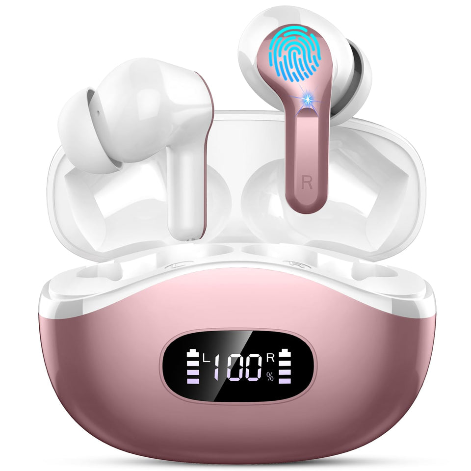 Rinsmola wireless earbuds in rose gold case open for quick pairing and portable charging.
