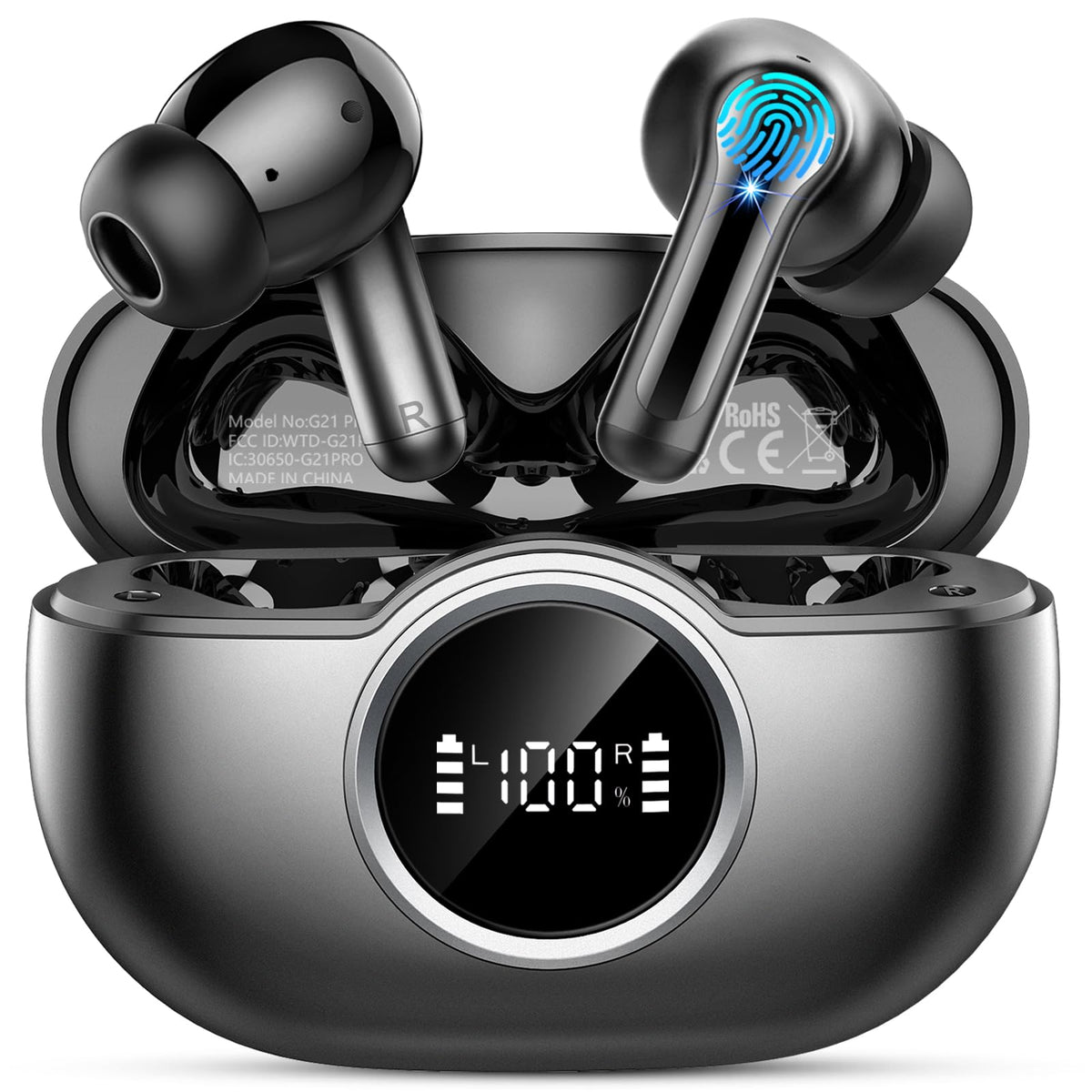 Rinsmola G21Pro charging case with earbuds and LED display showing power status.