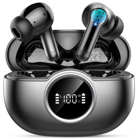 Rinsmola G21Pro charging case with earbuds and LED display showing power status.