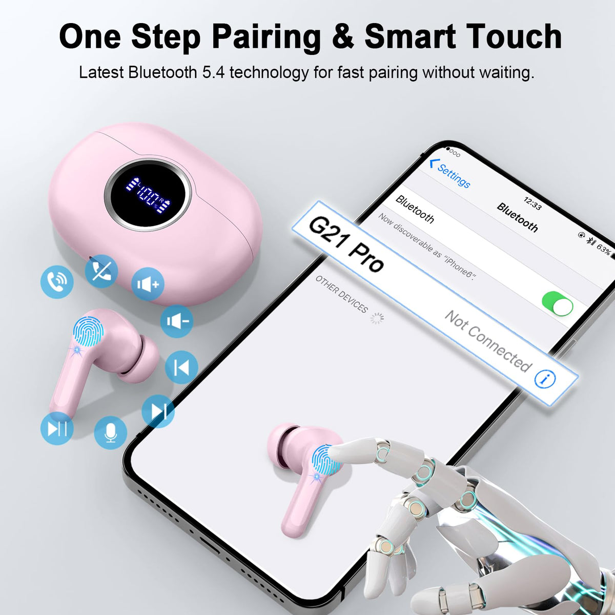 Rinsmola G21Pro charging case LED display shows battery status.
