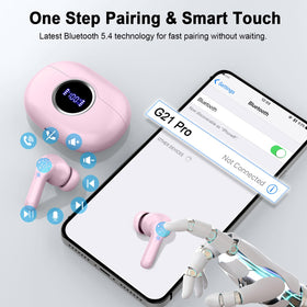 Rinsmola G21Pro charging case LED display shows battery status.