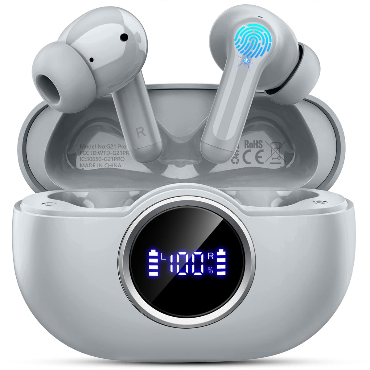 Rinsmola G21Pro earbuds angled view for immersive sound on the go
