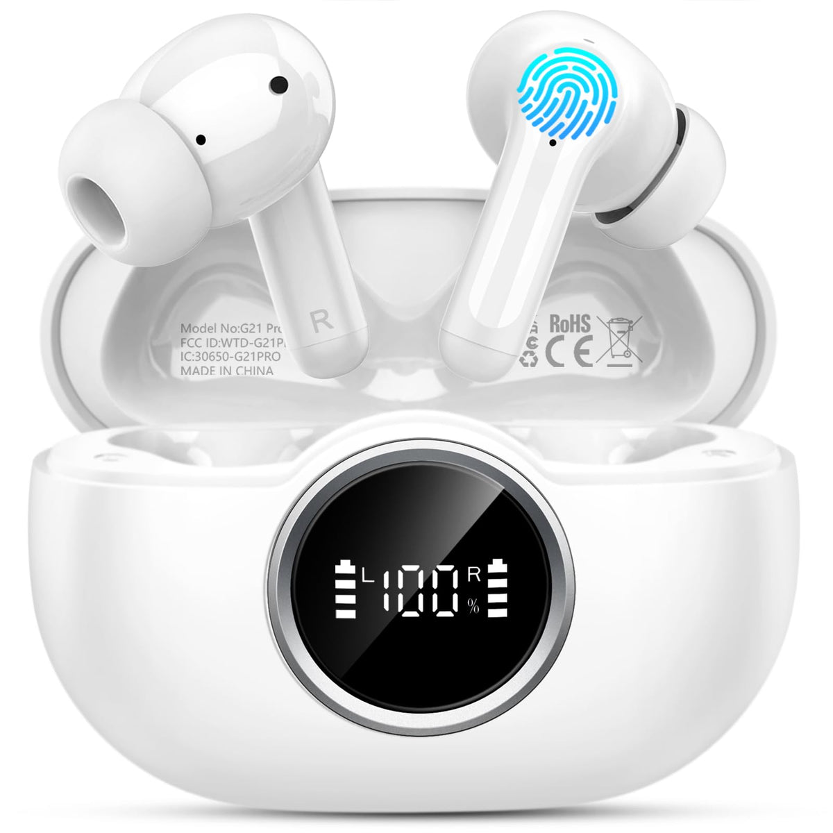 Rinsmola G21Pro earbuds in case showing fast pairing and easy setup