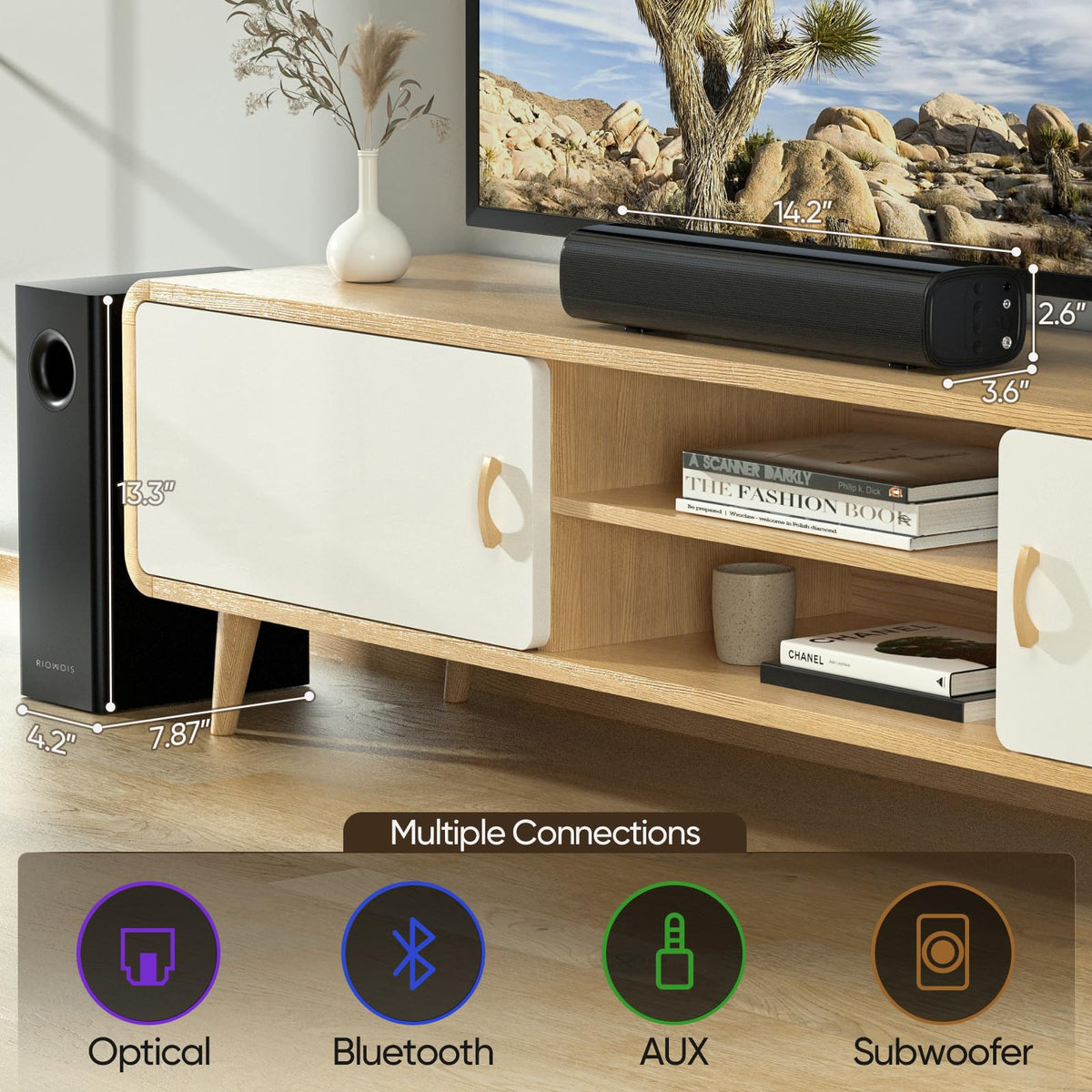 RIOWOIS included optical and 3.5mm cables displayed, enabling simple TV and AUX connections