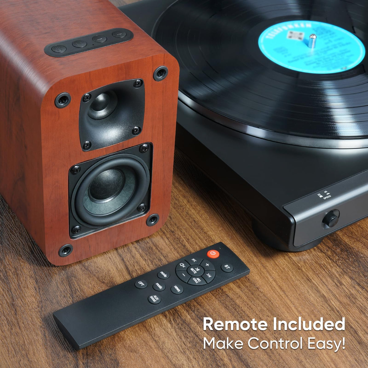 RIOWOIS remote and front controls for easy source switching and volume