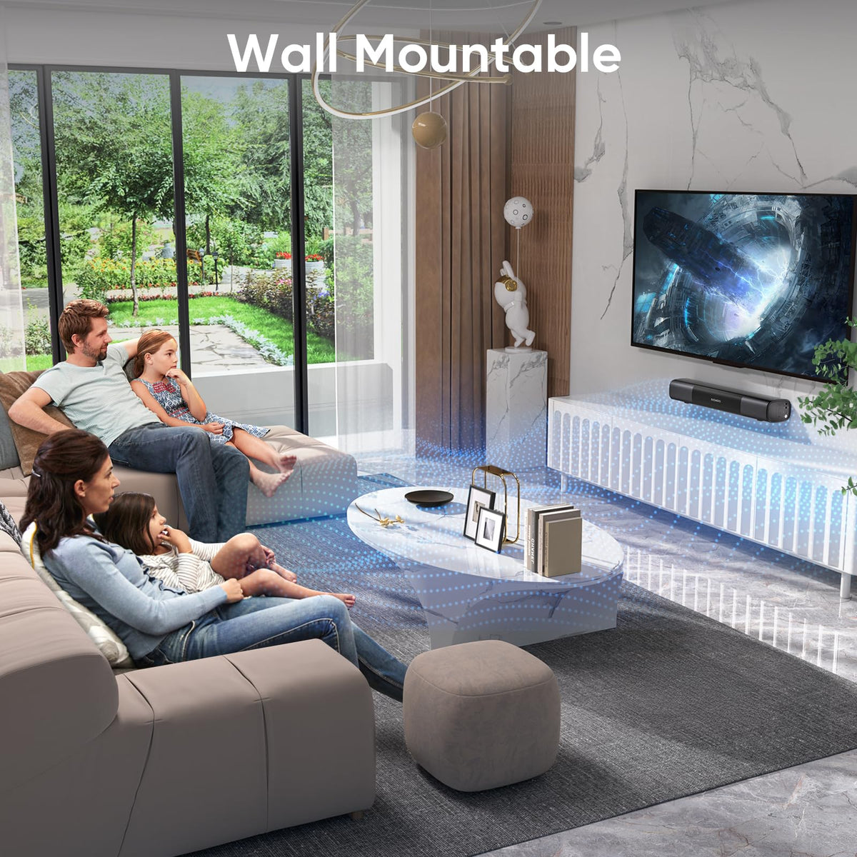RIOWOIS beside 32-inch TV illustrating compact 17-inch scale advantage