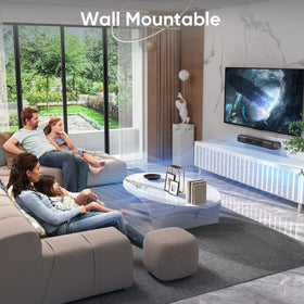 RIOWOIS beside 32-inch TV illustrating compact 17-inch scale advantage