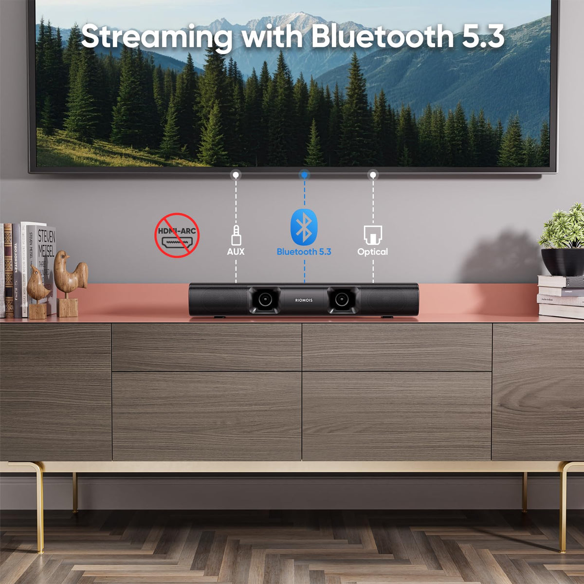 RIOWOIS sound bar Bluetooth 5.3 for low-latency wireless streaming.
