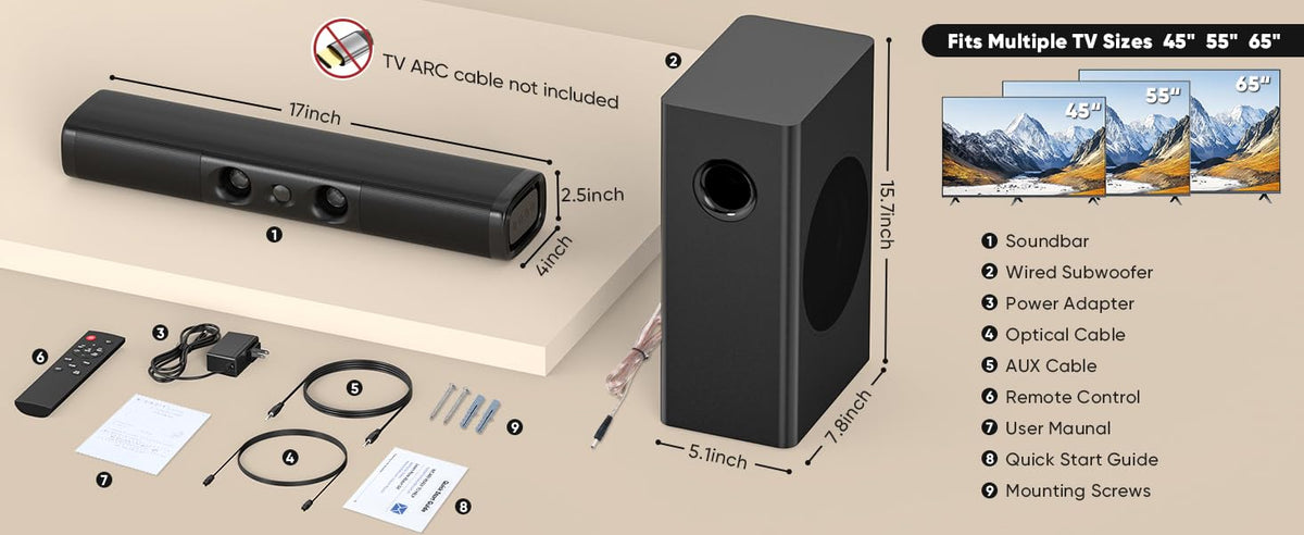 RIOWOIS soundbar features a sleek, modern design for living rooms.