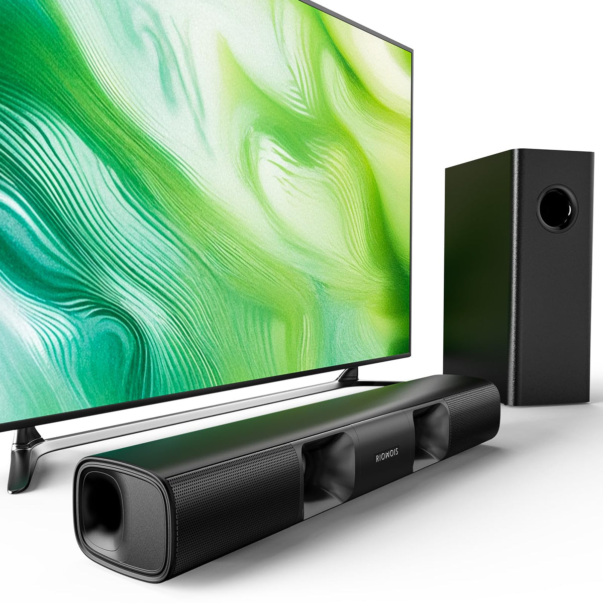 RIOWOIS sound bar front view for room-filling TV audio.