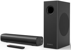 RIOWOIS soundbar front view showing compact profile and clear speaker grilles, improves TV audio